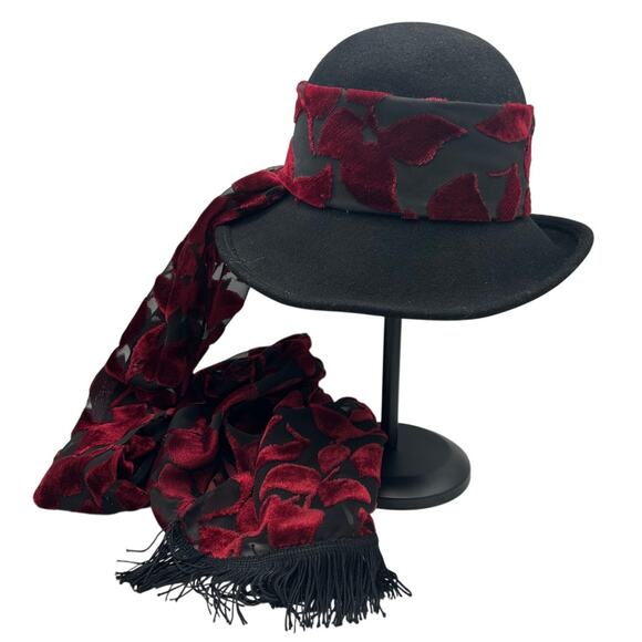 Whittall & Shon Vintage Black Wool Wide Brim Hat Velvet Burnout Scarf Set main image 4